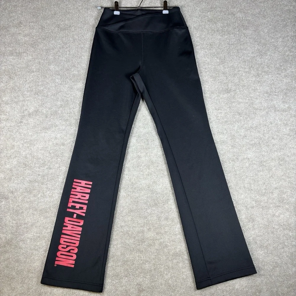 Harley-Davidson Womens Yoga Pants Black Bootcut Red Logo Stretch Size S - Picture 1 of 9
